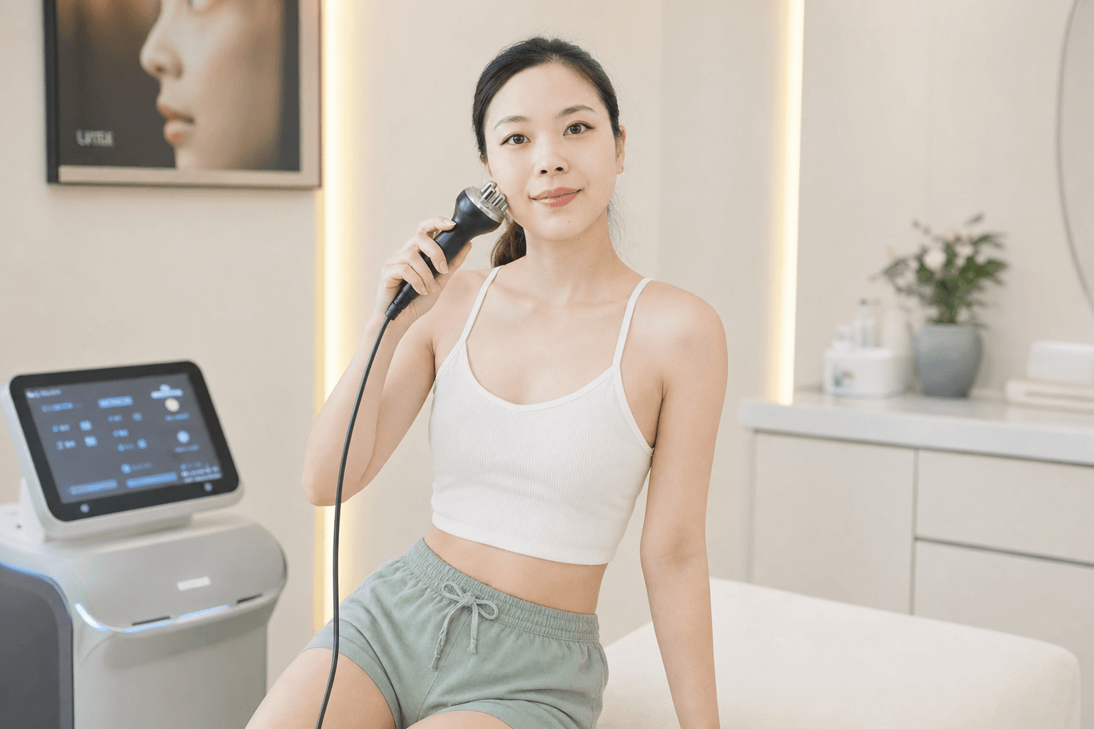 Lithe スタジオ — お試し体験でセルフエステ機器を使う様子