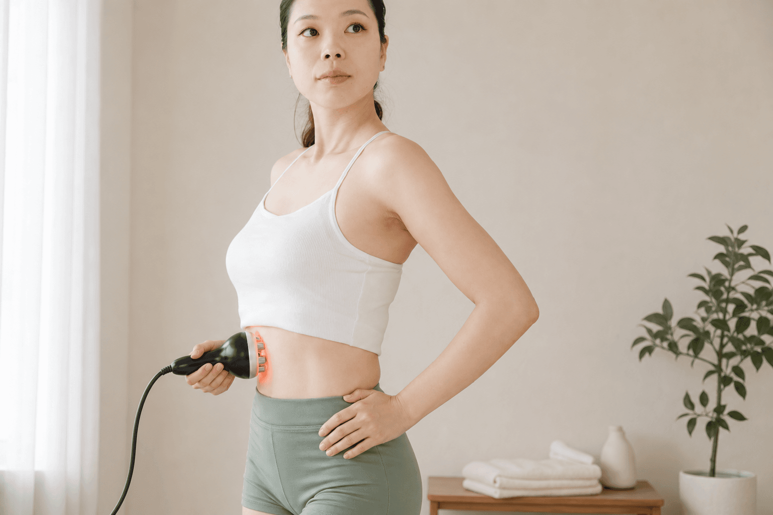 Lithe スタジオ — 脚のセルフエステ機器でケアを行う様子